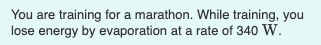 You are training for a marathon. While training, you
lose energy by evaporation at a rate of 340 W.
