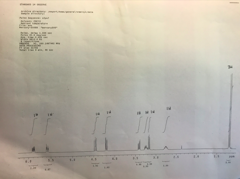 STANDARD 1H OBSERVE
Archive directory: /export/hone/general/vnarsys/data
Sample directoryi
Pulse Sequence: s2pul
Solvent: CDC13
Ambient temperature
Filer aes
Mercury-300BB "mercury300
Relax. delay 1.000 sec
Pulse 45.0 degrees
Acq. time 3.000 seC
Vidth 4510.0 Hz
8 repetiti1ons
OBSERVE
DATA PROCESSINO
FT size 32768
Total time 0 min, 46 sec
H1, 300.1487162 MHZ
3H
TH
IH
IH # IN
3.5
3.0
2.5
2.0
1.5
ppm
5.5
5.0
4.5
4.0
6.0
2.15
0.36
0.19
0.18
1.02
1.00
1.00
1.03
0.97
