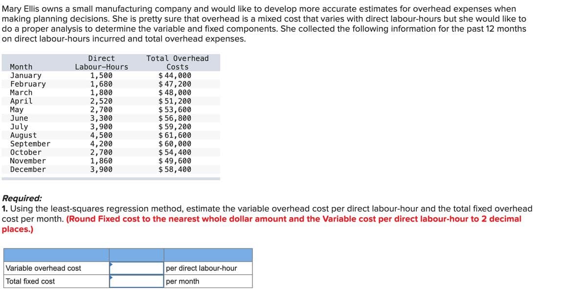 Mary Ellis owns a small manufacturing company and would like to develop more accurate estimates for overhead expenses when
making planning decisions. She is pretty sure that overhead is a mixed cost that varies with direct labour-hours but she would like to
do a proper analysis to determine the variable and fixed components. She collected the following information for the past 12 months
on direct labour-hours incurred and total overhead expenses.
Total Overhead
Costs
Month
Direct
Labour-Hours
January
1,500
$ 44,000
February
1,680
$47,200
March
1,800
$ 48,000
April
2,520
$51,200
May
2,700
$ 53,600
June
3,300
$ 56,800
July
3,900
$ 59,200
August
4,500
$ 61,600
September
4,200
$60,000
October
2,700
$ 54,400
November
1,860
$ 49,600
December
3,900
$ 58,400
Required:
1. Using the least-squares regression method, estimate the variable overhead cost per direct labour-hour and the total fixed overhead
cost per month. (Round Fixed cost to the nearest whole dollar amount and the Variable cost per direct labour-hour to 2 decimal
places.)
Variable overhead cost
Total fixed cost
per direct labour-hour
per month