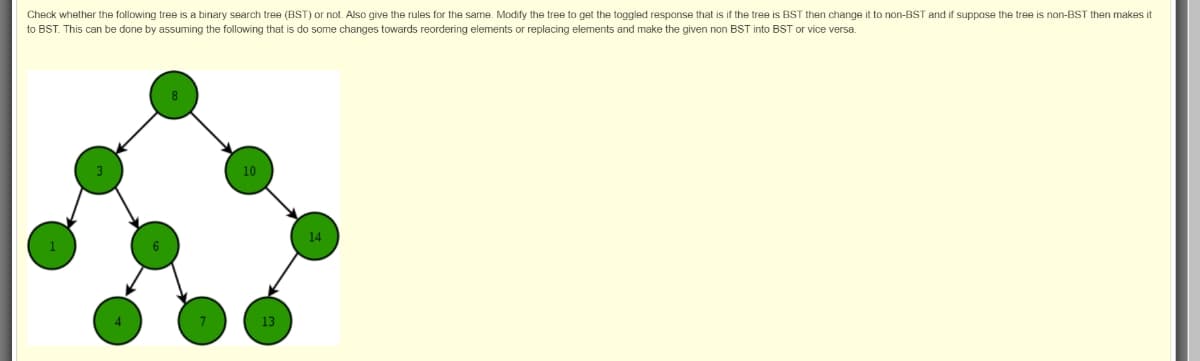 Check whether the following tree is a binary search tree (BST) or not. Also give the rules for the same. Modify the tree to get the toggled response that is if the tree is BST then change it to non-BST and if suppose the tree is non-BST then makes it
to BST. This can be done by assuming the following that is do some changes towards reordering elements or replacing elements and make the given non BST into BST or vice versa.
10
