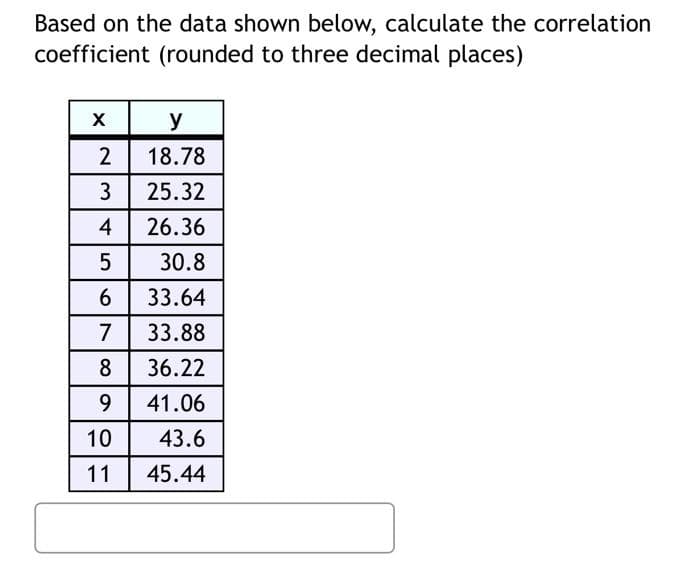 Based on the data shown below, calculate the correlation
coefficient (rounded to three decimal places)
y
2
18.78
25.32
4
26.36
30.8
33.64
7
33.88
8
36.22
9
41.06
10
43.6
11
45.44
