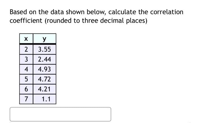 Based on the data shown below, calculate the correlation
coefficient (rounded to three decimal places)
X y
3.55
2.44
4
4.93
4.72
4.21
1.1
3.
