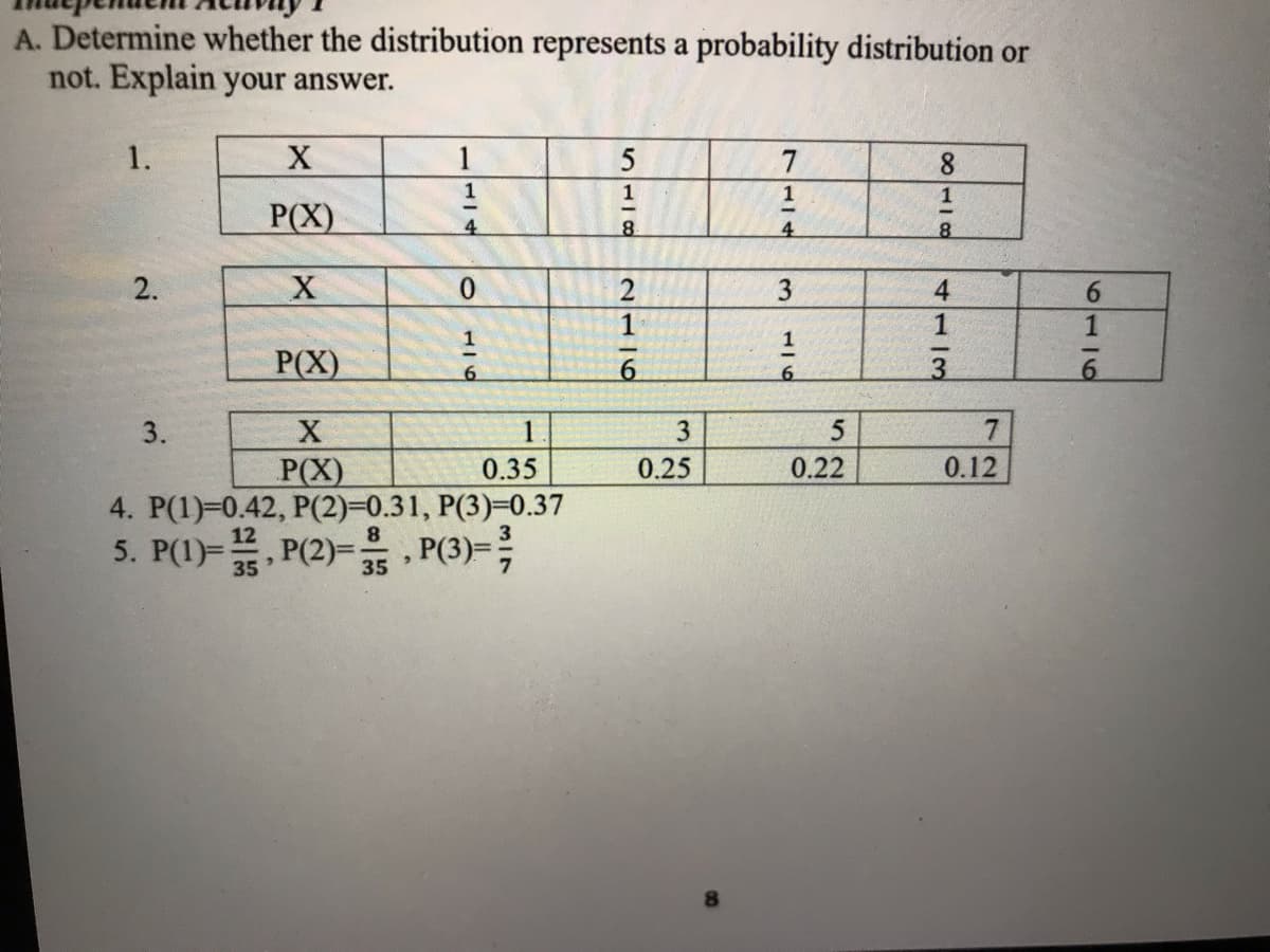 A. Determine whether the distribution represents a probability distribution or
not. Explain your answer.
1.
1
7
1
P(X)
4
8.
2.
3
P(X)
3.
1
3
7
0.12
P(X)
4. P(1)=0.42, P(2)-0.31, P(3)=0.37
5. P(1)=, P(2)=35
0.35
0.25
0.22
P(3)=;
6116
8110
4113
116
5-182N116
1/4
1/6
