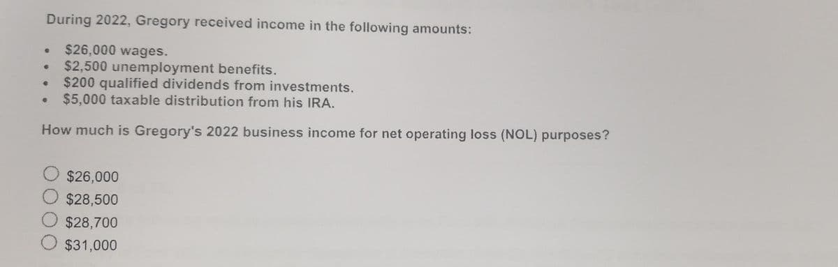 During 2022, Gregory received income in the following amounts:
$26,000 wages.
$2,500 unemployment benefits.
$200 qualified dividends from investments.
$5,000 taxable distribution from his IRA.
How much is Gregory's 2022 business income for net operating loss (NOL) purposes?
*
*
*
€
$26,000
$28,500
$28,700
$31,000