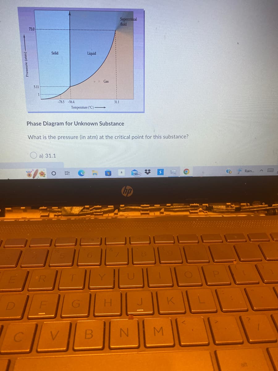 Pressure (atm)-
73.0
5.11
55
Solid
a) 31.1
*R
D
D
-78.5 -56.4
Phase Diagram for Unknown Substance
What is the pressure (in atm) at the critical point for this substance?
V
Liquid
31
Temperature (°C)
Gas
6
31.1
Supercritical
fluid
no
B N
99+
M
K
(?)
Rain...