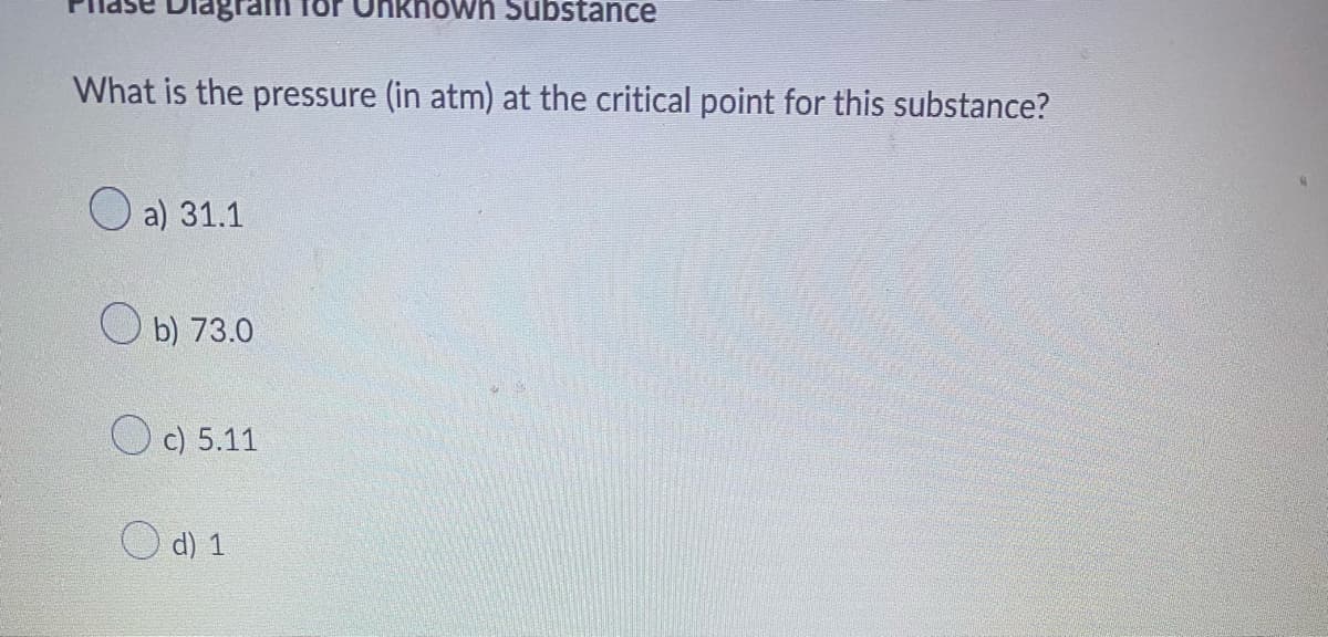 What is the pressure (in atm) at the critical point for this substance?
a) 31.1
b) 73.0
c) 5.11
Unknown Substance
O d) 1