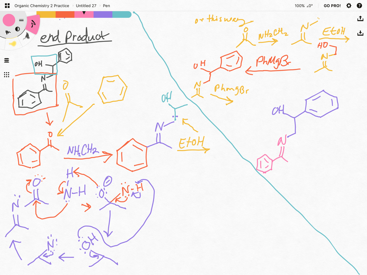 Organic Chemistry 2 Practice
Untitled 27
Pen
100% 40°
GO PRO!
end Product
this way
wH2 CHz
EtoH
HO
PhMgB
N-
PhmgBr
Off
OH
NH.CH2
EtoH
HS
OH
