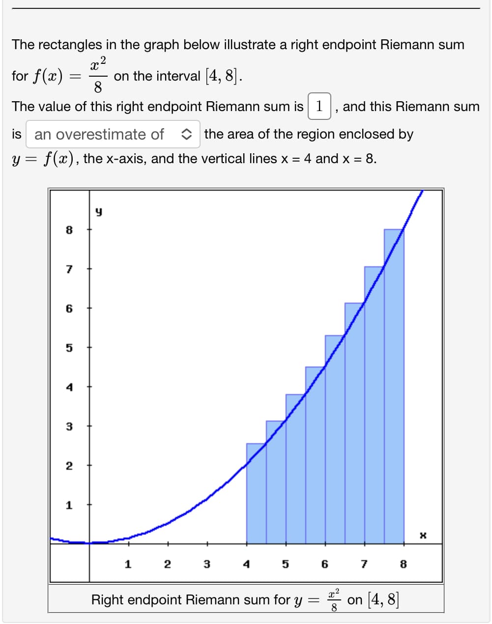 The rectangles in the graph below illustrate a right endpoint Riemann sum
2
X
for f(x)
R²R
8
The value of this right endpoint Riemann sum is 1 and this Riemann sum
=
8
is an overestimate of
y = f(x), the x-axis, and the vertical lines x = 4 and x 8.
7
6
5
4
3
2
1
on the interval [4, 8].
Y
1
2
the area of the region enclosed by
J
3
4 5 6 7 8
Right endpoint Riemann sum for y
8
on [4, 8]
X