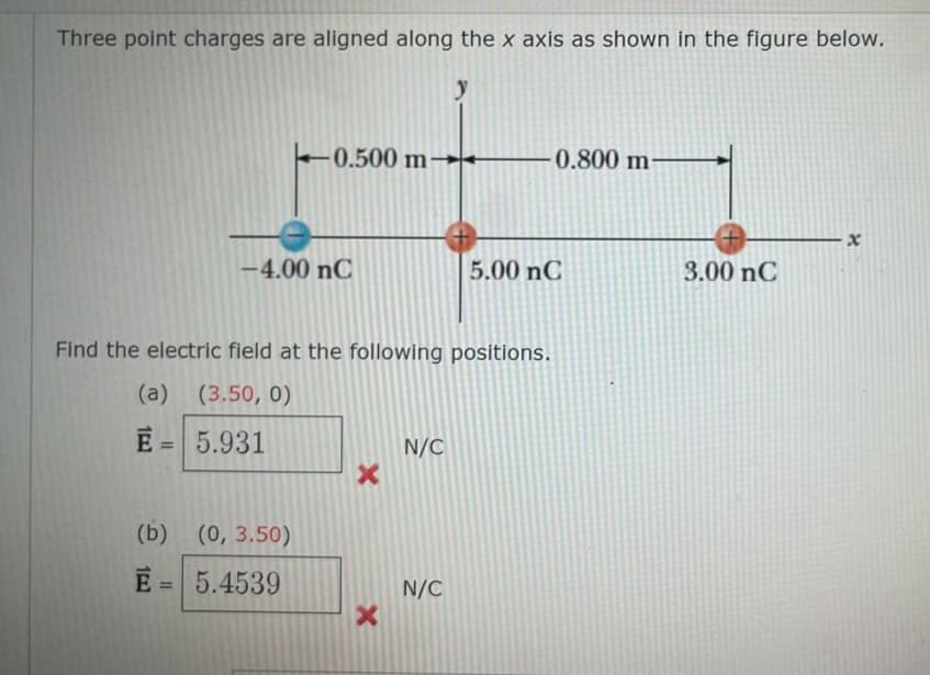 Three point charges are aligned along the x axis as shown in the figure below.
y
(a)
E =
-0.500 m-
-4.00 nC
(b) (0, 3.50)
E = 5.4539
Find the electric field at the following positions.
(3.50, 0)
5.931
X
N/C
-0.800 m-
N/C
5.00 nC
3.00 nC