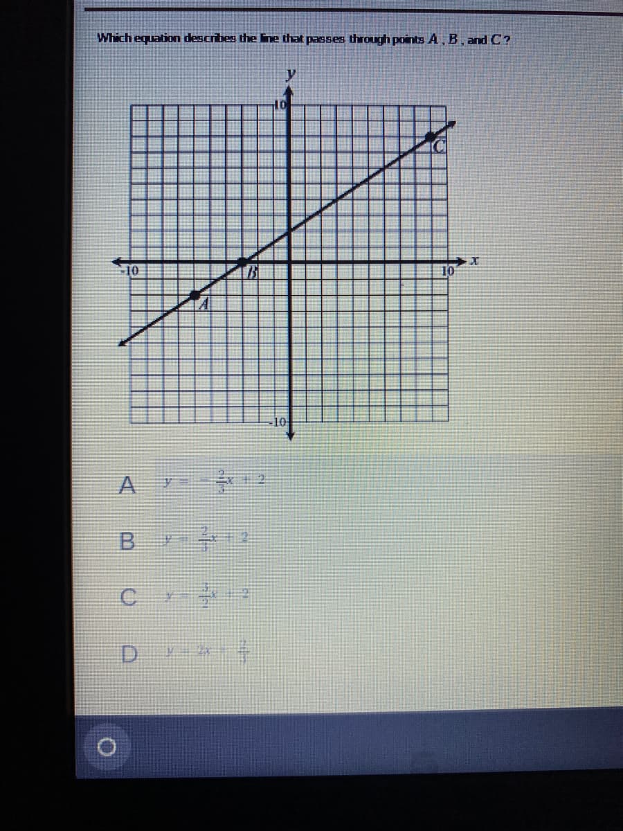 Which equation describes the line that passes through points A, B, and C?
A
B
C
D
=-3x+2
y = x + 2
y
10
10
10
X