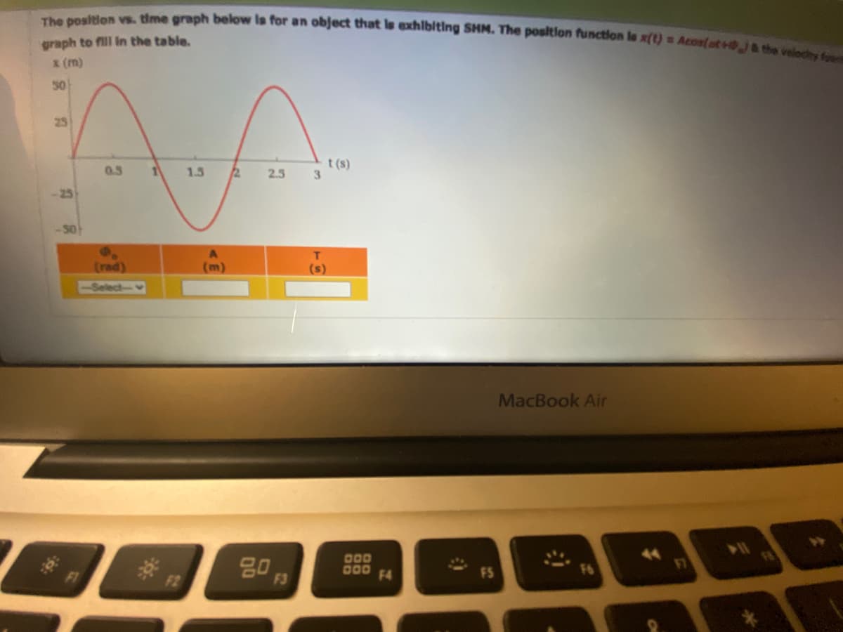 The position vs. time graph below is for an object that is exhibiting SHM. The position function le x(t) = Acos(at+0) & the velocity fo
graph to fill in the table.
x (m)
50
25
-50
0.5
(rad)
-Select-v
1 1.5 2 2.5 3
(m)
00
t(s)
DOD
000 F4
FS
MacBook Air