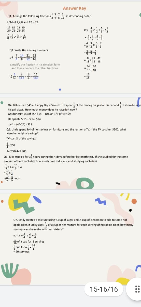 Answer Key
13 75
01. Arrange the following fractions 12
in descending order.
LCM of 2,4,8 and 12 is 24
12 18 21 10
24 24 24' 24
Q3.
Q2. Write the missing numbers:
7 14 21 28
a) -12 16
= 18*18-18
Simplify the fraction in it's simplest form
and then compare the other fractions.
53 42
18 18
3 11
5
b) 65117 39 143
Q4. Bill earned $45 at Happy Days Drive-In. He spent s of the money on gas for his car and of it on dress to
his girl sister. How much money does he have left now?
Gas for car= 1/3 of 45= $15; Dress= 1/5 of 45= $9
He spent= $ 15 + $ 9= $24.
Left = (45-24) =$21
Q5. Linda spent 3/4 of her savings on furniture and the rest on a TV. If the TV cost her $200, what
were her original savings?
TV cost % of the savings
는 200
1= 200X4=$ 800
Q6. Julie studied for 35 hours during the 4 days before her last math test. If she studied for the same
amount of time each day, how much time did she spend studying each day?
3월 + 4 %3D + 4
10
12 hours
Q7. Emily created a mixture using % cup of sugar and % cup of cinnamon to add to some hot
apple cider. If Emily uses of a cup of her mixture for each serving of hot apple cider, how many
servings can she make with her mixture?
% + % = +2 -5
of a cup for 1 serving
16
cup for =x
= 20 servings
15-16/16
:::
