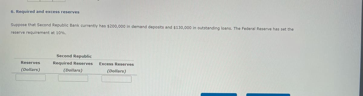 6. Required and excess reserves
Suppose that Second Republic Bank currently has $200,000 in demand deposits and $130,000 in outstanding loans. The Federal Reserve has set the
reserve requirement at 10%.
Second Republic
Reserves
Required Reserves
Excess Reserves
(Dollars)
(Dollars)
(Dollars)
