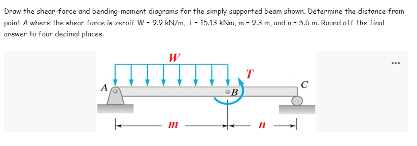 Draw the shear-force and bending-moment diagrams for the simply supported beam shown. Determine the distance from
point A where the shear force is zeroif W = 9.9 kN/m, T = 15.13 kNm, m = 9.3 m, and n = 5.6 m. Round off the final
answer to four decimal places.
W
T
A
mm.
C
°B
k
m
n