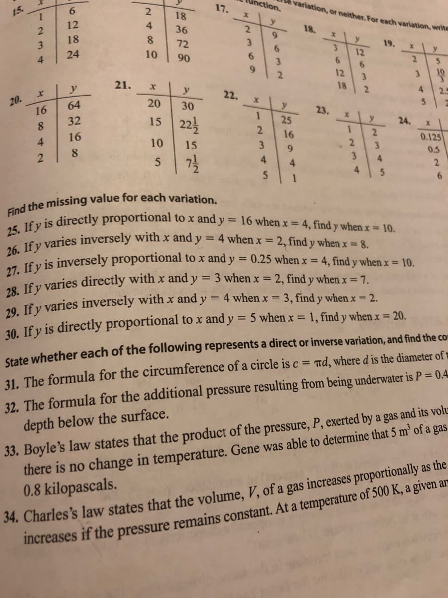 15.
25. If y is directly proportional to x and y =
1
菲“菲
unction.
se variation, or neither. For each variation, write
6.
2
17.
18
12
y
2.
4
36
18.
2.
9.
18
8.
72
3
19.
3
6.
3
24
10
12
4
90
3.
2.
9.
12
2.
3.
3.
18
21.
y
y
22.
2.
4.
2.5
20.
16
64
20
30
y
23.
15 225
32
25
y
24.
8.
2.
2
16
16
0.125
4
10
15
3.
3.
0.5
8.
4
4
4
4.
1
6.
= 16 when x = 4, find y when x = 10.
Cu varies inversely with x and y = 4 when x = 2, find y when x = 8.
a IỂ v is inversely proportional to x and y = 0.25 when x = 4, find y whenx = 10.
28. If y varies directly with x and y
29. If y varies inversely with x and y
30. If v is directly proportional to x and y = 5 when x = 1, find y when x = 20.
= 3 when x = 2, find y when x = 7.
4 when x = 3, find y when x = 2.
State whether each of the following represents a direct or inverse variation, and find the com
nd, where d is the diameter of t
32. The formula for the additional pressure resulting from being underwater is P = 0.4
depth below the surface.
31. The formula for the circumference of a circle is c =
33. Boyle's law states that the product of the pressure, P, exerted by a gas and its volu
there
no change in temperature. Gene was able to determine that 5 m² of a gas
0.8 kilopascals.
34. Charles's law states that the volume, V, of a gas increases proportionally as the
ncreases if the pressure remains constant. At a temperature of 500 K, a given an
23
