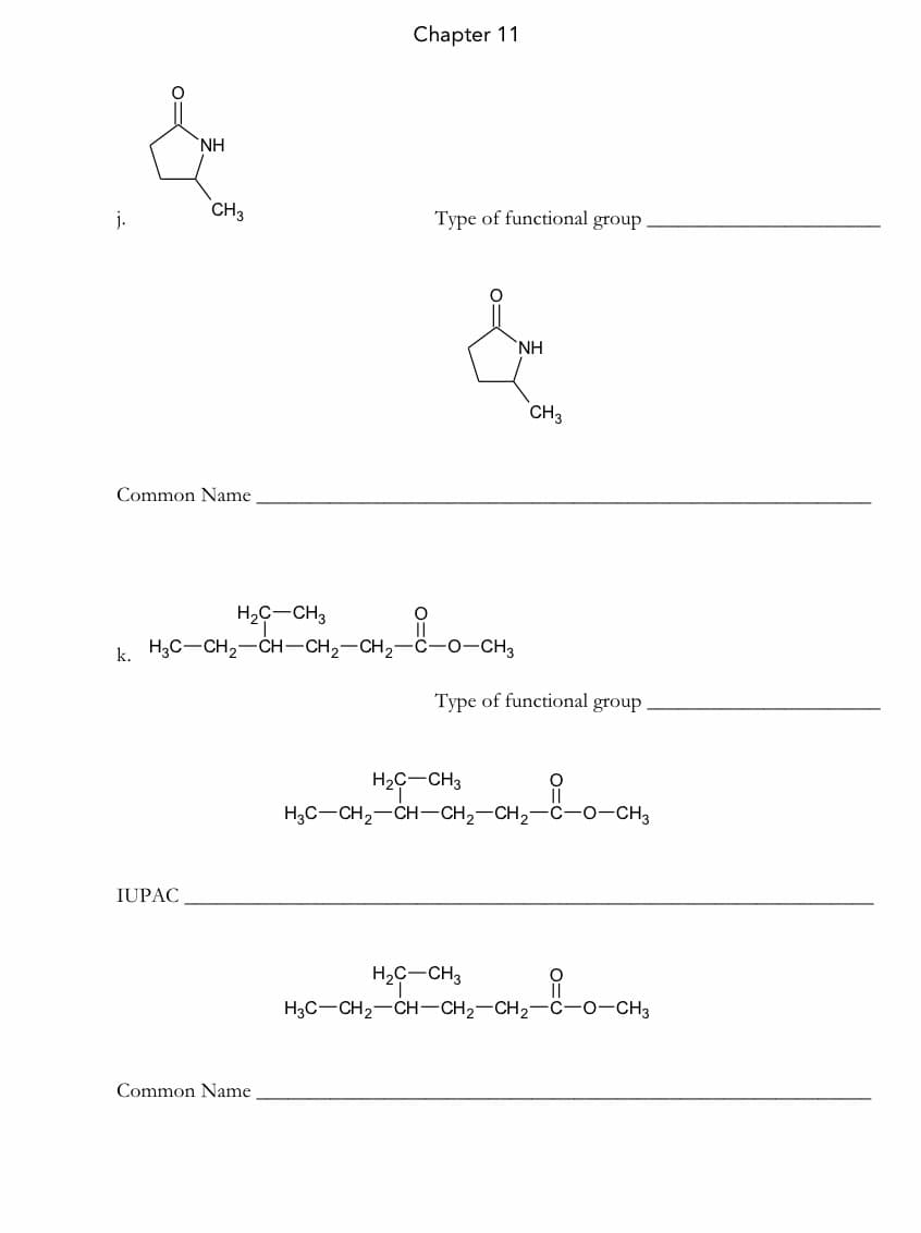 Chapter 11
HN,
j.
CH3
Туре of functional group
NH
CH3
Common Name
H2C-CH3
k H3C-CH2-CH-CH2-CH2-C-o-CH3
Туре of functional group
H2C-CH3
H;C-CH2-CH-CH2-CH2-C--0-CH3
IUPAC
H2C-CH3
H3C-CH2-CH-CH2-CH2-C-0-CH3
Common Name
