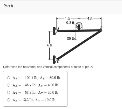 Part A
6 ft
Ax= -106.7 lb, Ay = 80.0 lb
Ax= -46.7 lb, Ay = 45.0 lb
==
Ax-53.3 lb, Ay = 40.0 lb
Ax = 13.3 lb, Ay 10.0 lb
O Ax
O
O Ax
-4 ft 4 ft-
0.5 ft
Determine the horizontal and vertical components of force at pin A.
80 lb
B