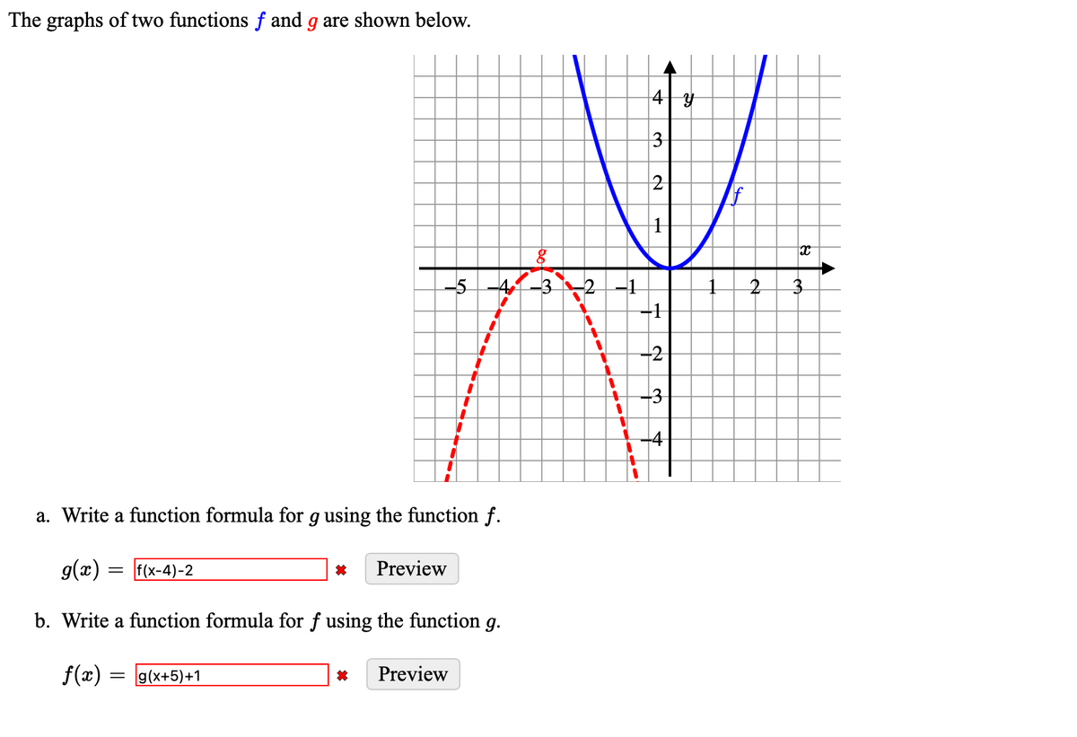 The graphs of two functions f and g are shown below.
篇
-5
*
Preview
Preview
n
1
1
a. Write a function formula for g using the function f.
g(x) = f(x-4)-2
b. Write a function formula for f using the function g.
f(x) = g(x+5)+1
"
1
I
1
1
-1
1
+
4 y
3
2
1
-1
-2
-3
U
" -4
1
88
2 3