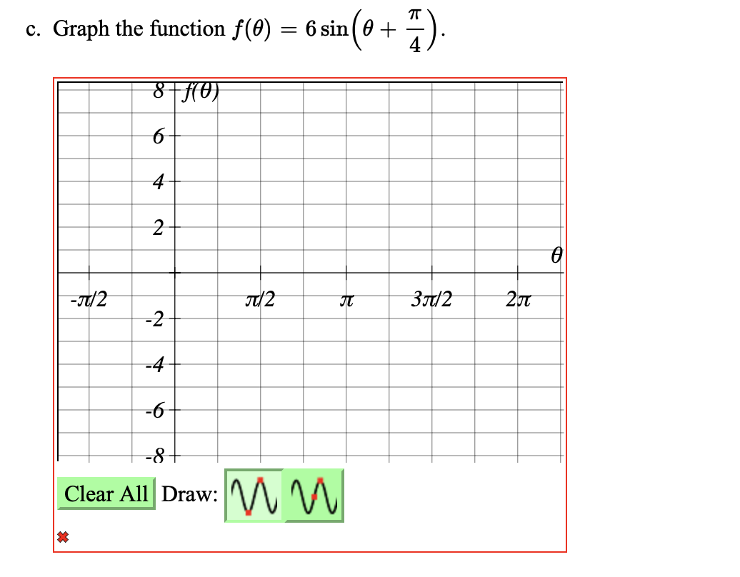 ㅠ
c. Graph the function f(0) = 6 sin (0 + ).
8+ƒ(0)
-π/2
6
4
2
-2
-4
-6
−8+
Clear All Draw:
J/2
ww
T
3π/2
2π
0