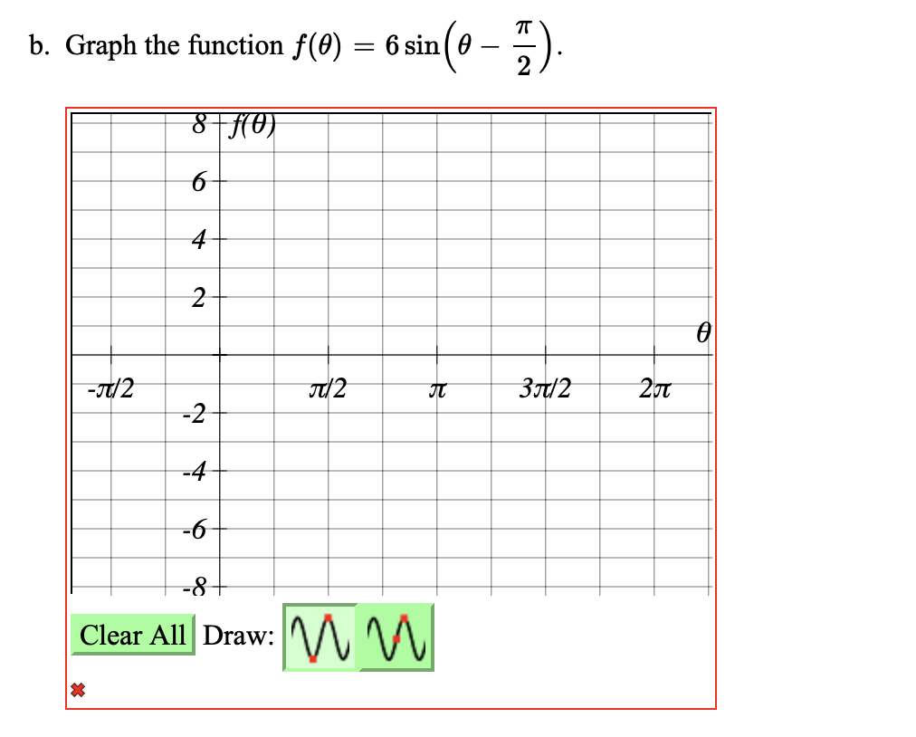 π
b. Graph the function f(0) = 6 sin (0 – ).
2
-π/2
篇
8+ƒ(0)
6
4
2
-2
-4
-6
-8+
Clear All Draw:
π/2
A
ww
3π/2
2
0