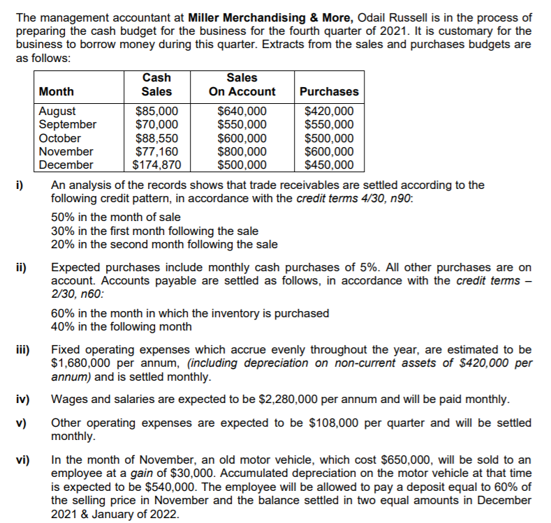 The management accountant at Miller Merchandising & More, Odail Russell is in the process of
preparing the cash budget for the business for the fourth quarter of 2021. It is customary for the
business to borrow money during this quarter. Extracts from the sales and purchases budgets are
as follows:
Cash
Sales
Sales
On Account
Month
Purchases
August
September
October
$85,000
$70,000
$88,550
$77,160
$174,870
$640,000
$550,000
$600,000
$800,000
$500,000
$420,000
$550,000
$500,000
$600,000
$450,000
November
December
i)
An analysis of the records shows that trade receivables are settled according to the
following credit pattern, in accordance with the credit terms 4/30, n90:
50% in the month of sale
30% in the first month following the sale
20% in the second month following the sale
ii)
Expected purchases include monthly cash purchases of 5%. All other purchases are on
account. Accounts payable are settled as follows, in accordance with the credit terms –
2/30, n60:
60% in the month in which the inventory is purchased
40% in the following month
iii)
Fixed operating expenses which accrue evenly throughout the year, are estimated to be
$1,680,000 per annum, (including depreciation on non-current assets of $420,000 per
annum) and is settled monthly.
iv)
Wages and salaries are expected to be $2,280,000 per annum and will be paid monthly.
Other operating expenses are expected to be $108,000 per quarter and will be settled
monthly.
v)
In the month of November, an old motor vehicle, which cost $650,000, will be sold to an
employee at a gain of $30,000. Accumulated depreciation on the motor vehicle at that time
is expected to be $540,000. The employee will be allowed to pay a deposit equal to 60% of
the selling price in November and the balance settled in two equal amounts in December
2021 & January of 2022.
vi)
