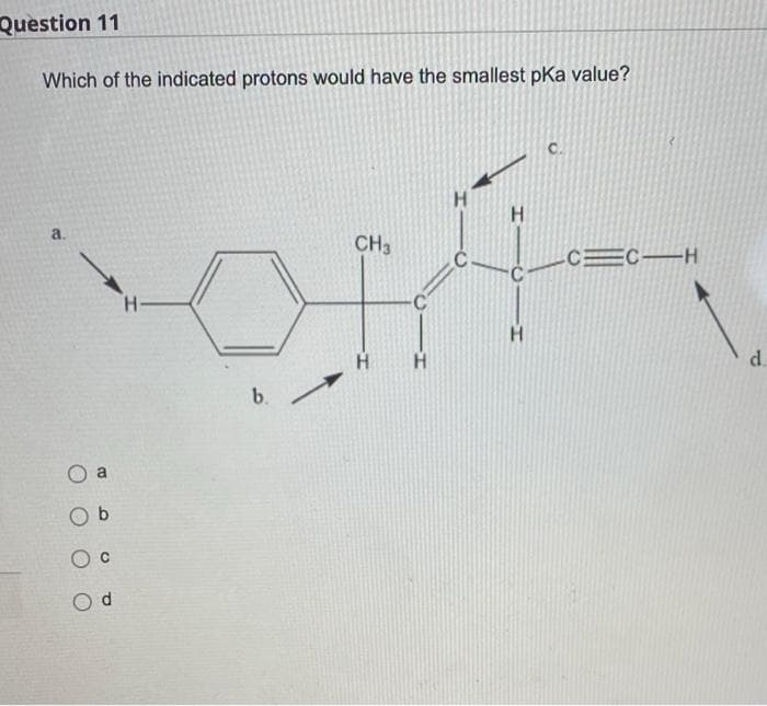 Question 11
Which of the indicated protons would have the smallest pKa value?
C.
H.
a.
CH3
.C.
CC-H
C
H-
H.
d.
b.
a
by
O d
