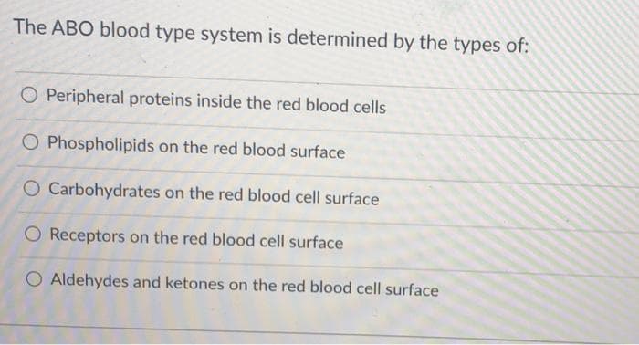 The ABO blood type system is determined by the types of:
O Peripheral proteins inside the red blood cells
O Phospholipids on the red blood surface
O Carbohydrates on the red blood cell surface
O Receptors on the red blood cell surface
O Aldehydes and ketones on the red blood cell surface
