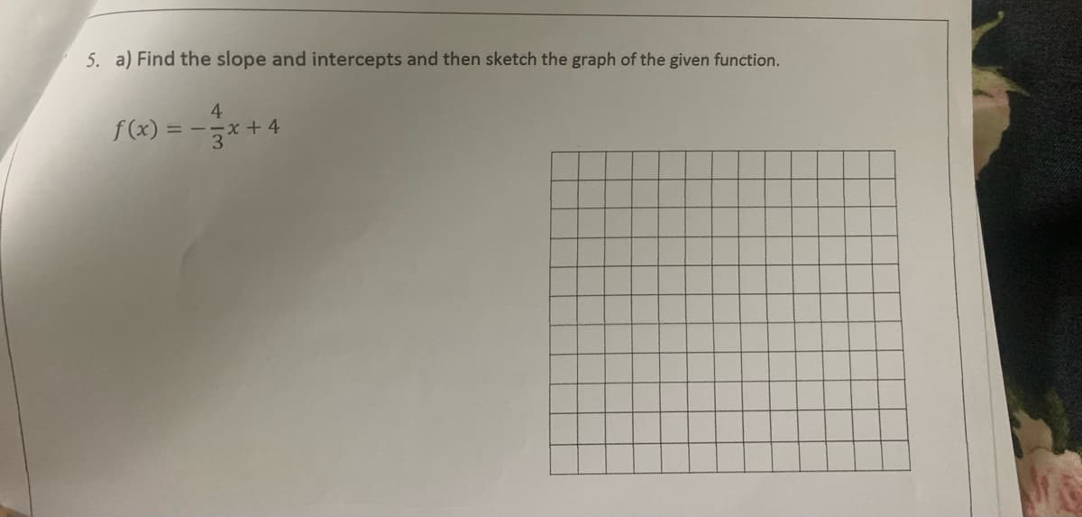 5. a) Find the slope and intercepts and then sketch the graph of the given function.
f (x)
4.
= --x + 4
