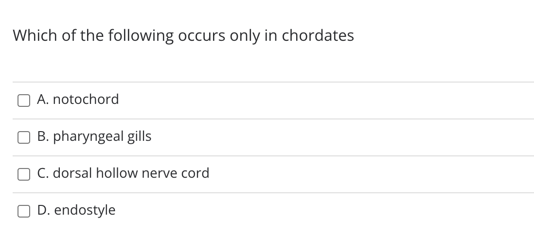 Which of the following occurs only in chordates
A. notochord
B. pharyngeal gills
C. dorsal hollow nerve cord
D. endostyle
