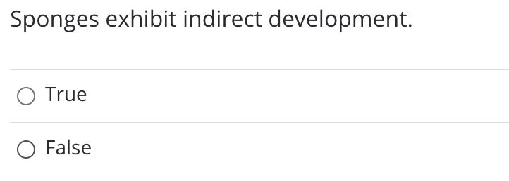 Sponges exhibit indirect development.
True
O False
