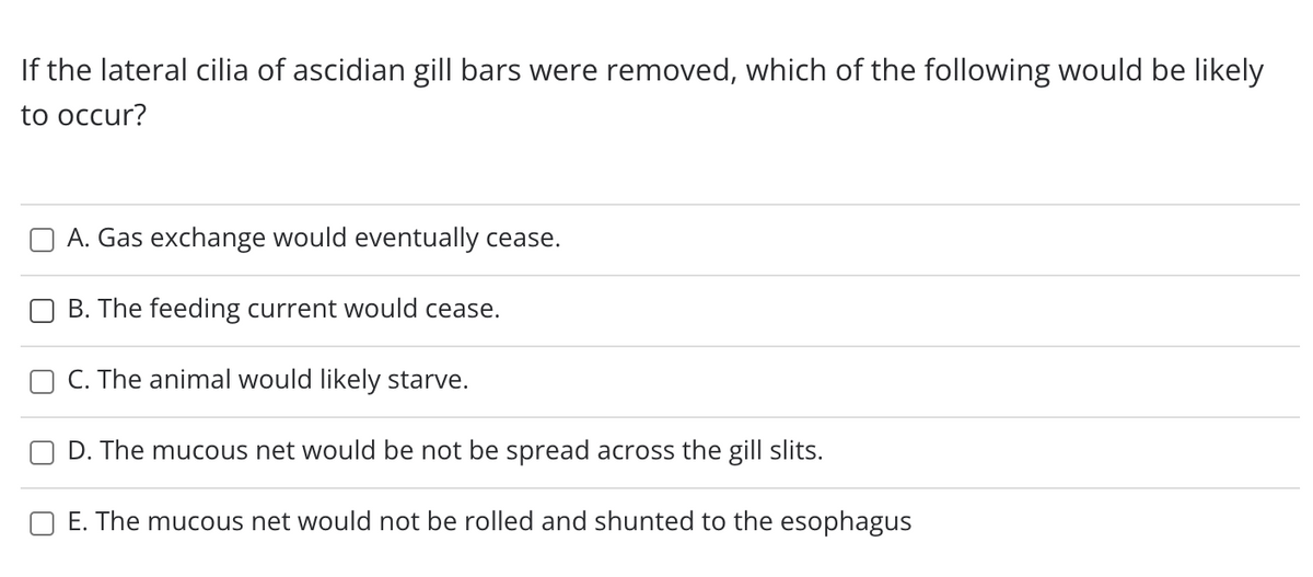 If the lateral cilia of ascidian gill bars were removed, which of the following would be likely
to occur?
A. Gas exchange would eventually cease.
B. The feeding current would cease.
C. The animal would likely starve.
D. The mucous net would be not be spread across the gill slits.
O E. The mucous net would not be rolled and shunted to the esophagus
