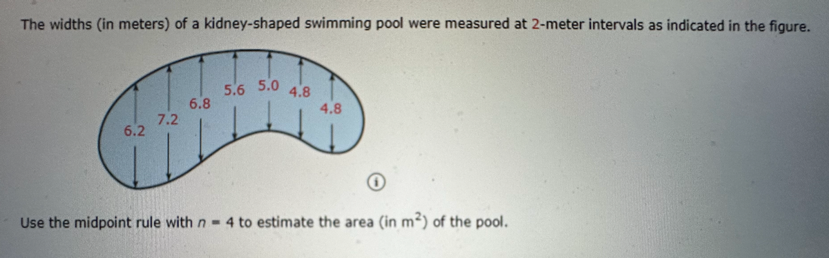 The widths (in meters) of a kidney-shaped swimming pool were measured at 2-meter intervals as indicated in the figure.
6.2
7.2
6.8
5.6 5.0
4.8
4.8
Use the midpoint rule with n= 4 to estimate the area (in m²) of the pool.