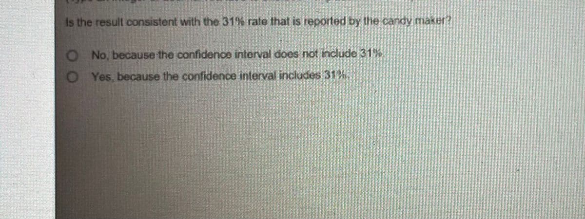 Is the result consistent with the 31% rate that is reported by the candy maker?
No, because the confidence interval does not include 31%
Yes, because the confidence interval includes 31%
