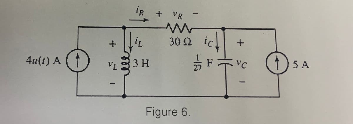 4u(t) A
+
VL
-
iR + VR
it
3 H
1
www
30 Q ic
F
Figure 6.
+
VC
-
5 A