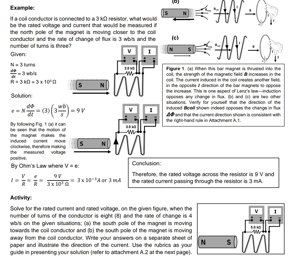 Example:
Besl
If a coil conductor is connected to a 3 kQ resistor, what would
be the rated voltage and current that would be measured if
the north pole of the magnet is moving closer to the coil
conductor and the rate of change of flux is 3 wb/s and the
number of turns is three?
AN-(
AV-
(c)
Bmas
coll
V
I
N
S
Given:
N = 3 turns
3.0 ko
Figure 1. (a) When this bar magnet is thrusted into the
coil, the strength of the magnetic field B increases in the
coil. The current induced in the coil creates another field,
in the opposite I direction of the bar magnets to oppose
the increase. This is one aspect of Lenz's law-induction
opposes any change in flux. (b) and (c) are two other
situations. Verify for yourself that the direction of the
induced Bcoil shown indeed opposes the change in flux
40 and that the current direction shown is consistent with
= 3 wb/s
dt
R= 3 kO = 3 x 103 Q
N
Solution:
wb
e = N=
dt
= (3) (3) =
9 V
I
|
S
the right-hand rule in Attachment A.1.
By following Fig. 1 (a) it can
be seen that the motion of
3.0 ka
the magnet makes the
induced
current move
S
N
clockwise, therefore making
the
measured voltage
positive.
Conclusion:
By Ohm's Law where V = e:
Therefore, the rated voltage across the resistor is 9 V and
the rated current passing through the resistor is 3 mA.
V е
9 V
3 x 103 0
I =
= - =
R
R
3 x 10-3A or 3 mA
%3D
Activity:
Solve for the rated current and rated voltage, on the given figure, when the
number of turns of the conductor is eight (8) and the rate of change is 4
wb/s on the given situations; (a) the south pole of the magnet is moving
towards the coil conductor and (b) the south pole of the magnet is moving
5.0 kn
away from the coil conductor. Write your answers on a separate sheet of
N
paper and illustrate the direction of the current. Use the rubrics as your
guide in presenting your solution (refer to attachment A.2 at the next page).
