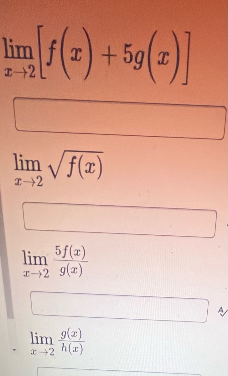 Tim f(x) +59(z)]
lim √f(x)
x+2
lim 5f(x)
x2 9(x)
lim
g(x)
x2 h(x)
신