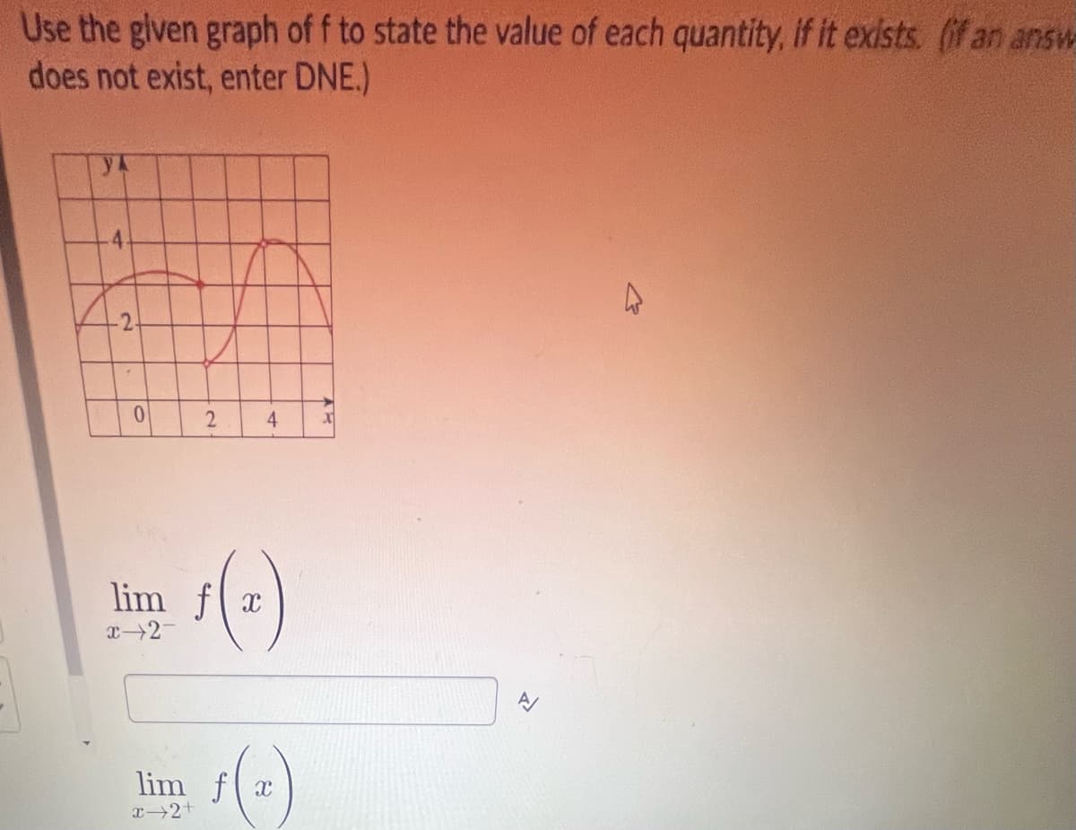 Use the given graph of f to state the value of each quantity, if it exists. (if an answ
does not exist, enter DNE.)
2.
0
2
4
지
lim fx
f(z)
x-2-
lim fx
x+2+
Z