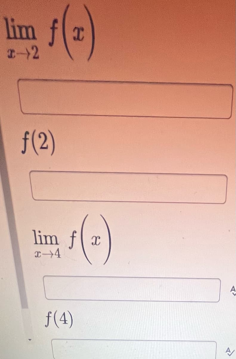 lim 5(z)
ƒ(2)
lim fx
x-4
ƒ(2)
A
f(4)