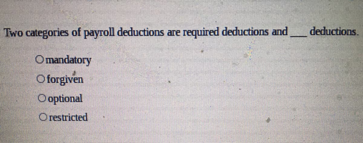 Two categories of payroll deductions are
required deductions and
deductions.
Omandatory
O forgiven
Ooptional
Orestricted
