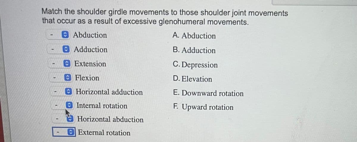 Match the shoulder girdle movements to those shoulder joint movements
that occur as a result of excessive glenohumeral movements.
Abduction
A. Abduction
Adduction
B. Adduction
Extension
C. Depression
Flexion
D. Elevation
Horizontal adduction
E. Downward rotation
Internal rotation
F. Upward rotation
Horizontal abduction
External rotation
I