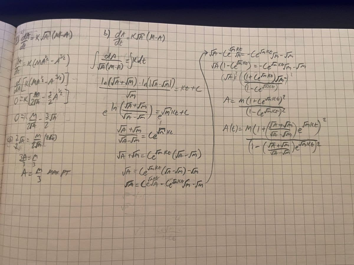 at
12 =K (MA²-A^)
d
FILMA-A
OFM-35A
214 2
м
AA
2
WA
3A=M
3/2
A = M MARPT
3
b) dA-KJA (M-A)
at
dA
JJA(M-A)
fredt
In (√A+√M) - In (1√A -√ml)
e
In JA+M
(
√A-
√A+√m
1
JA-SM
te
JAKE
JA TJM = (TARE (JA-JM)
Jankt
√A = (√ME (√A -√M) -√m
JA = CENA - Comico Sm-Für
>JA-CA- - CoJake Jim-Fi
JA (1-Cemiter) = - Ce²=kojm-m
2
(JA) ((1+ (√) JM-
Az M (1 + Cermice) 2
(1-1)2
A
2
A(c) = M (1+/+ m
A
2
JMKE
(1- (JA+UM) VALLE)2
प्
LE