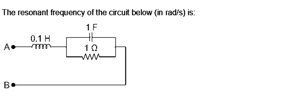 The resonant frequency of the circuit below (in rad/s) is:
1 F
A.
А
B
0.1 H
HH
1Q