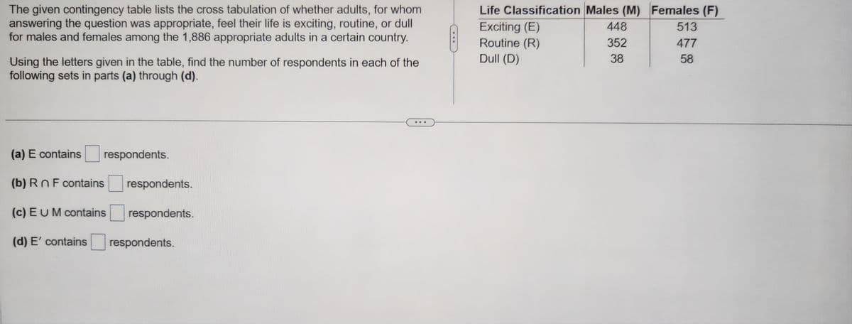 The given contingency table lists the cross tabulation of whether adults, for whom
answering the question was appropriate, feel their life is exciting, routine, or dull
for males and females among the 1,886 appropriate adults in a certain country.
Using the letters given in the table, find the number of respondents in each of the
following sets in parts (a) through (d).
(a) E contains
(b) Rn F contains
(c) E UM contains
(d) E' contains
respondents.
respondents.
respondents.
respondents.
Life Classification Males (M) Females (F)
Exciting (E)
448
Routine (R)
352
Dull (D)
38
513
477
58