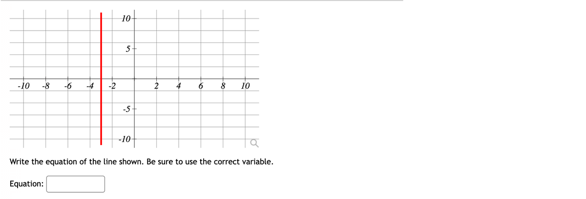 10-
5
-10
-8
-6
-4
-2
2
4
8
10
-5
-10-
Write the equation of the line shown. Be sure to use the correct variable.
Equation:
to
