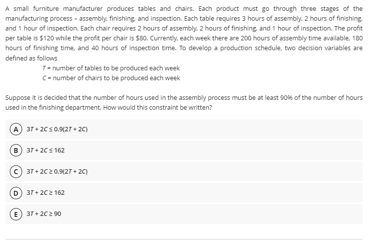 A small furniture manufacturer produces tables and chairs. Each product must go through three stages of the
manufacturing process - assembly, finishing, and inspection. Each table requires 3 hours of assembly. 2 hours of finishing,
and 1 hour of inspection. Each chair requires 2 hours of assembly, 2 hours of finishing, and 1 hour of inspection. The profit
per table is $120 while the profit per chair is $80. Currently, each week there are 200 hours of assembly time available, 180
hours of finishing time, and 40 hours of inspection time. To develop a production schedule, two decision variables are
defined as follows
T= number of tables to be produced each week
C= number of chairs to be produced each week
Suppose it is decided that the number of hours used in the assembly process must be at least 90% of the number of hours
used in the finishing department. How would this constraint be written?
A) 31+ 2C< 0.9(2T + 2C)
в) зт+ 2C$ 162
37 + 2C2 0.9(27 + 2C)
37 + 202 162
E 37 + 202 90
