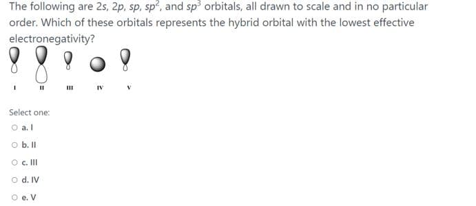 The following are 2s, 2p, sp, sp?, and sp orbitals, all drawn to scale and in no particular
order. Which of these orbitals represents the hybrid orbital with the lowest effective
electronegativity?
II
II
IV
Select one:
O a. I
O b. II
O . II
O d. IV
O e. V
