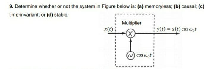 9. Determine whether or not the system in Figure below is: (a) memoryless; (b) causal; (c)
time-invariant; or (d) stable.
Multiplier
x(t):
y(t) x(t) cos w.t
X)
cos w.t
