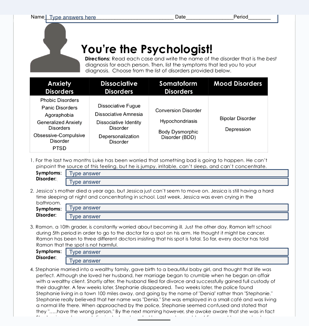 Name Type answers here
Anxiety
Disorders
Phobic Disorders
Panic Disorders
Agoraphobia
Generalized Anxiety
Disorders
Obsessive-Compulsive
Disorder
PTSD
You're the Psychologist!
Directions: Read each case and write the name of the disorder that is the best
diagnosis for each person. Then, list the symptoms that led you to your
diagnosis. Choose from the list of disorders provided below.
Mood Disorders
Dissociative
Disorders
Date
Dissociative Fugue
Dissociative Amnesia
Dissociative Identity
Disorder
Depersonalization
Disorder
Somatoform
Disorders
Conversion Disorder
Period
Hypochondriasis
Body Dysmorphic
Disorder (BDD)
Bipolar Disorder
Depression
1. For the last two months Luke has been worried that something bad is going to happen. He can't.
pinpoint the source of this feeling, but he is jumpy, irritable, can't sleep, and can't concentrate.
Symptoms: Type answer
Disorder:
Type answer
2. Jessica's mother died a year ago, but Jessica just can't seem to move on. Jessica is still having a hard
time sleeping at night and concentrating in school. Last week, Jessica was even crying in the
bathroom.
Symptoms: Type answer
Disorder:
Type answer
3. Ramon, a 10th grader, is constantly worried about becoming ill. Just the other day, Ramon left school
during 5th period in order to go to the doctor for a spot on his arm. He thought it might be cancer.
Ramon has been to three different doctors insisting that his spot is fatal. So far, every doctor has told
Ramon that the spot is not harmful.
Symptoms: Type answer
Disorder:
Type answer
4. Stephanie married into a wealthy family, gave birth to a beautiful baby girl, and thought that life was
perfect. Although she loved her husband, her marriage began to crumble when he began an affair
with a wealthy client. Shortly after, the husband filed for divorce and successfully gained full custody of
their daughter. A few weeks later, Stephanie disappeared. Two weeks later, the police found
Stephanie living in a town 100 miles away, and going by the name of "Denia" rather than "Stephanie."
Stephanie really believed that her name was "Denia." She was employed in a small café and was living
a normal life there. When approached by the police, Stephanie seemed confused and stated that
they ".....have the wrong person." By the next morning however, she awoke aware that she was in fact