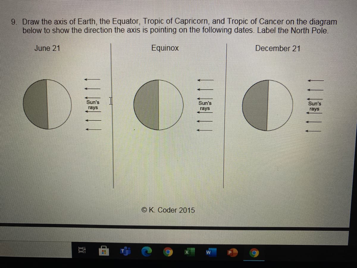 9 Draw the axis of Earth, the Equator, Tropic of Capricorn, and Tropic of Cancer on the diagram
below to show the direction the axis is pointing on the following dates. Label the North Pole.
June 21
Equinox
December 21
Sun's
Sun's
Sun's
rays
rays
rays
© K. Coder 2015
近
