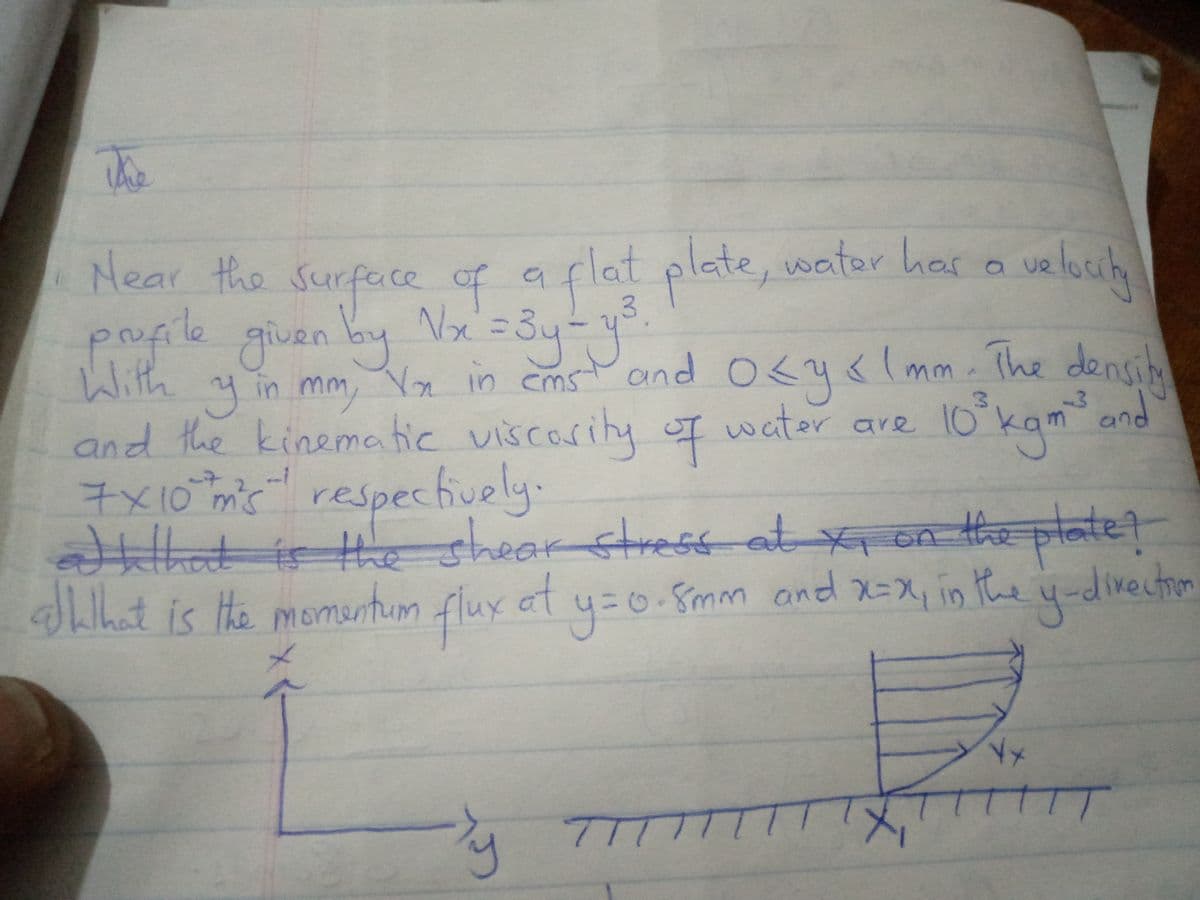 the
Near the surface of a plat plate, wator ha uh
ve losihy
9
(mm -
With
and the kinematic viscority I water are 10°kam and
y in mm, Vx in cms and O<yslmm- The densih
3.
7x10msrespectuely
--1
チメ10ms
a|thatir Hhe shear streat at on the plate!
Thhat is He mometum flux et y=0.Smm and x=Xy in the y-directom
वसी
